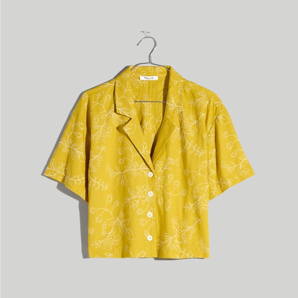 Madewell Embroidered Linen-Blend Resort Crop Shirt in Gilded Chartreuse